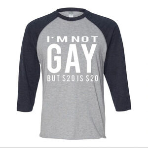 NEW Mens Lat Apparel Not Gay but 20 is a 20 3/4 Sleeve Baseball Shirt S-2XL